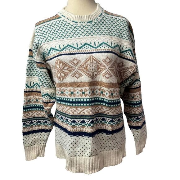 John Weitz Creak Brown Blue Crew Neck Knitted Tribal Sweater 100% cotton size M - Picture 1 of 9